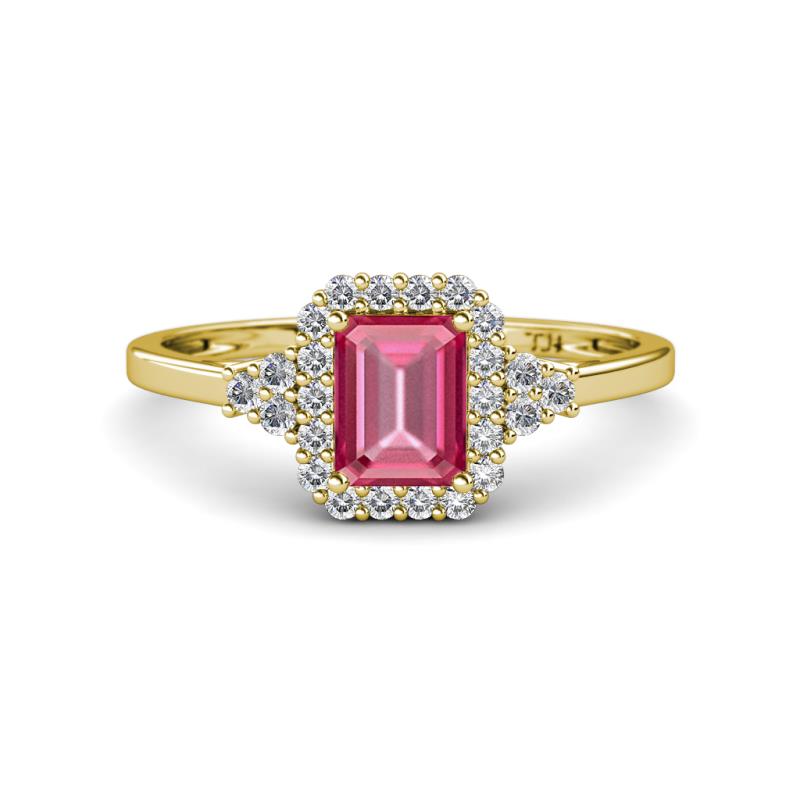 Josie Rainbow Emerald Cut Pink Tourmaline and Round Diamond Halo Engagement Ring 