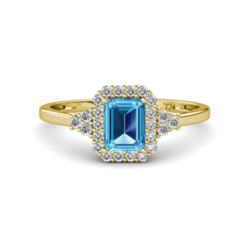 Josie Rainbow Emerald Cut Blue Topaz and Round Diamond Halo Engagement Ring 