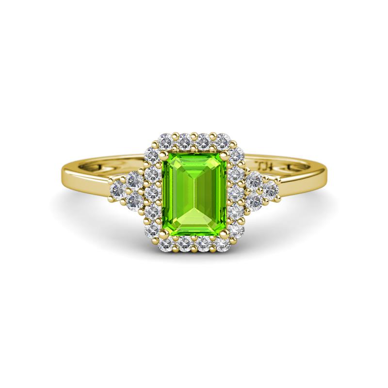 Josie Rainbow Emerald Cut Peridot and Round Diamond Halo Engagement Ring 