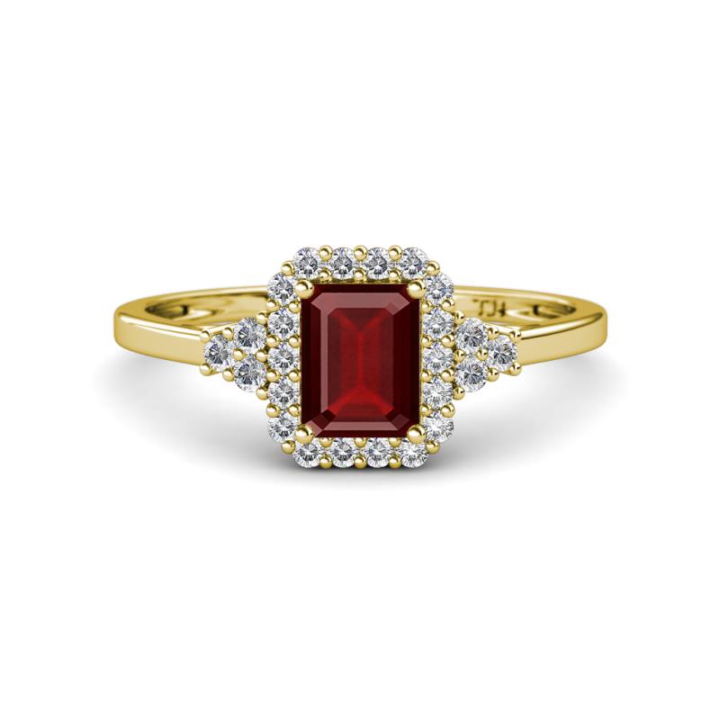 Josie Rainbow Emerald Cut Red Garnet and Round Diamond Halo Engagement Ring 