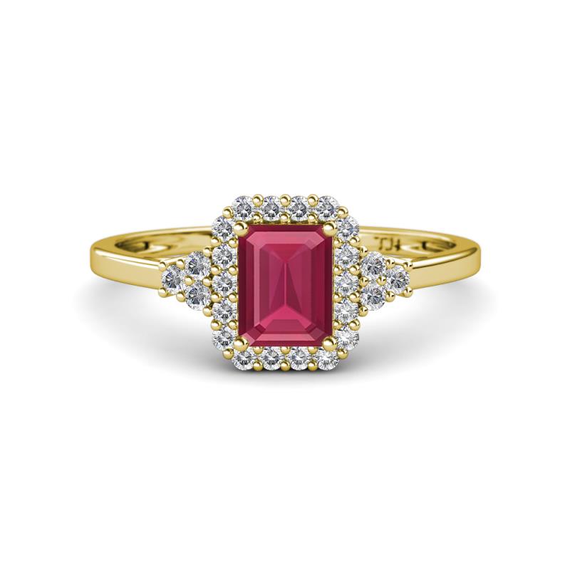Josie Rainbow Emerald Cut Rhodolite Garnet and Round Diamond Halo Engagement Ring 