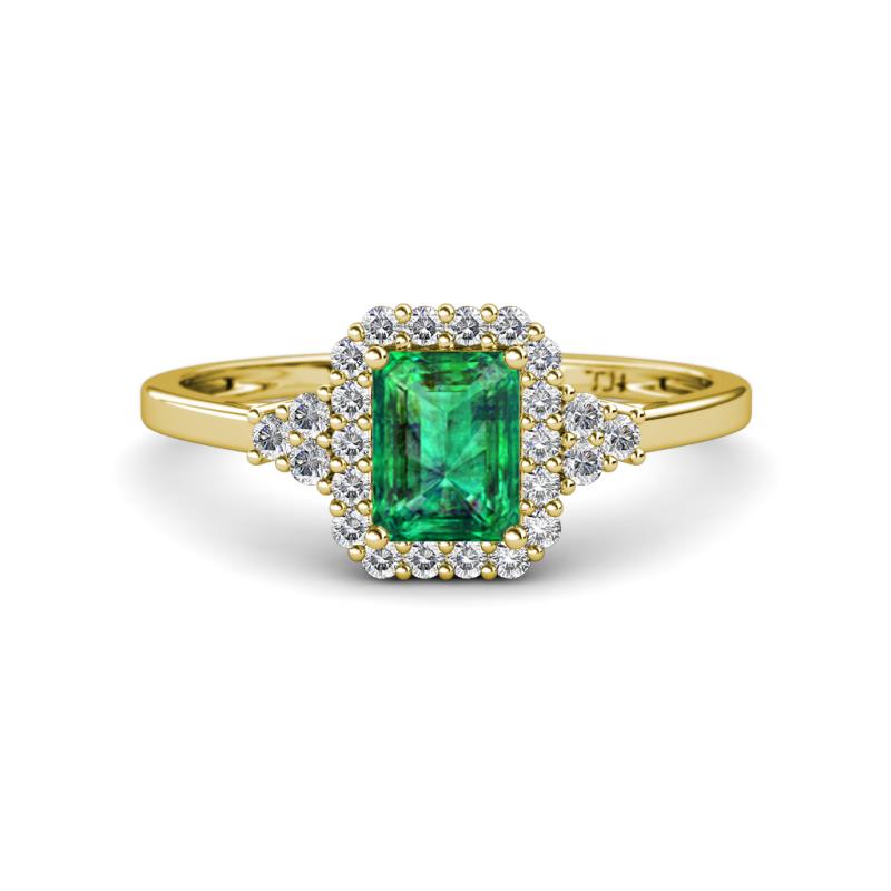 Josie Rainbow Emerald Cut Lab Created Emerald and Round Diamond Halo Engagement Ring 