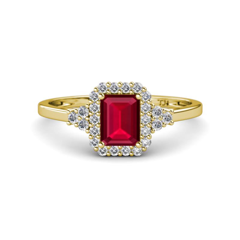 Josie Rainbow Emerald Cut Lab Created Ruby and Round Diamond Halo Engagement Ring 