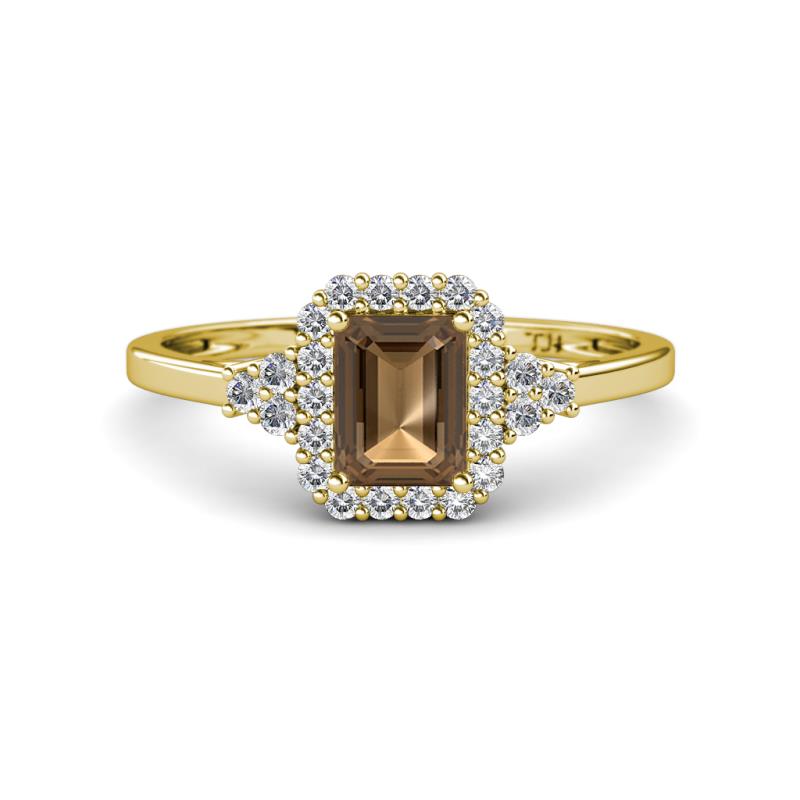 Josie Rainbow Emerald Cut Smoky Quartz and Round Diamond Halo Engagement Ring 