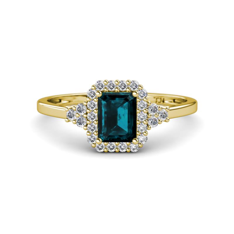 Josie Rainbow Emerald Cut London Blue Topaz and Round Diamond Halo Engagement Ring 