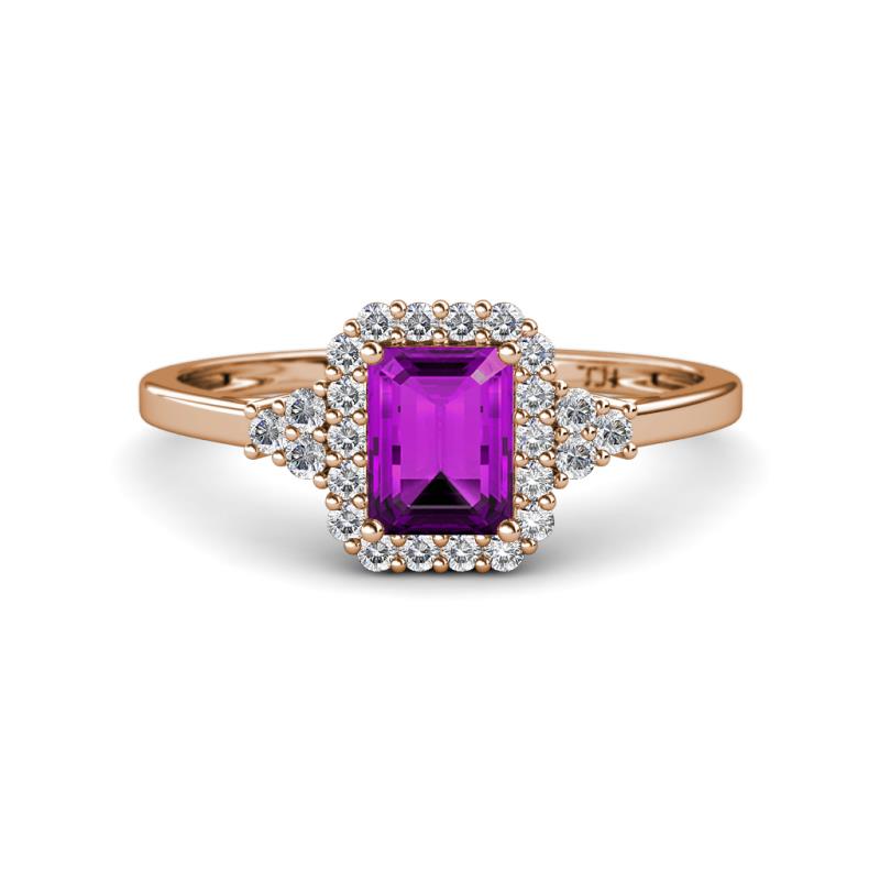 Josie Rainbow Emerald Cut Amethyst and Round Diamond Halo Engagement Ring 