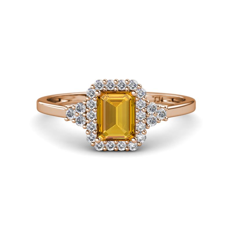 Josie Rainbow Emerald Cut Citrine and Round Diamond Halo Engagement Ring 