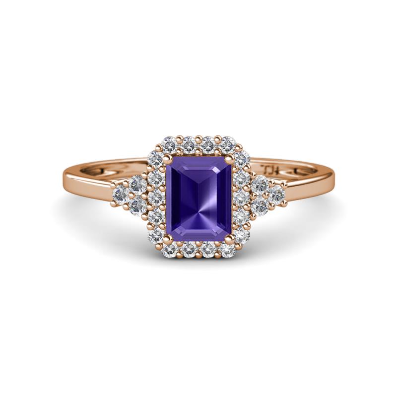 Josie Rainbow Emerald Cut Iolite and Round Diamond Halo Engagement Ring 