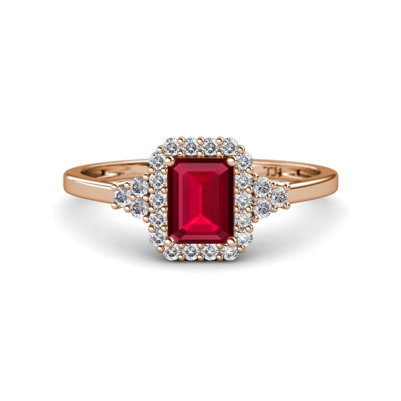 Josie Rainbow Emerald Cut Lab Created Ruby and Round Diamond Halo Engagement Ring 