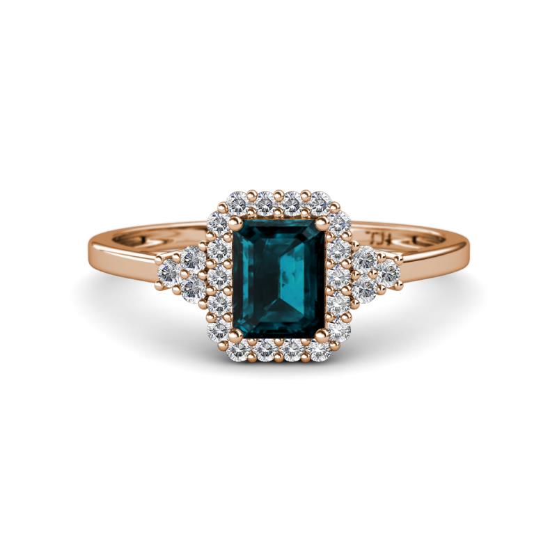 Josie Rainbow Emerald Cut London Blue Topaz and Round Diamond Halo Engagement Ring 