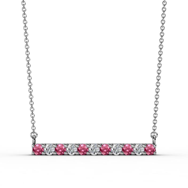 Noela 2.70 mm Round Pink Tourmaline and Diamond Horizontal Bar Pendant Necklace 