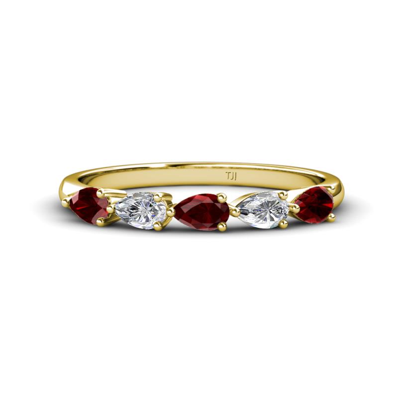 Grace Pear Cut Red Garnet and Diamond 5 Stone Wedding Band 