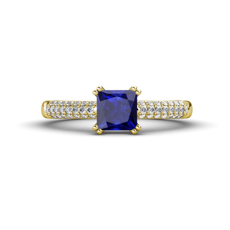 Serina Classic Princess Cut Lab Created Blue Sapphire and Round Diamond 3 Row Micro Pave Shank Engagement Ring 