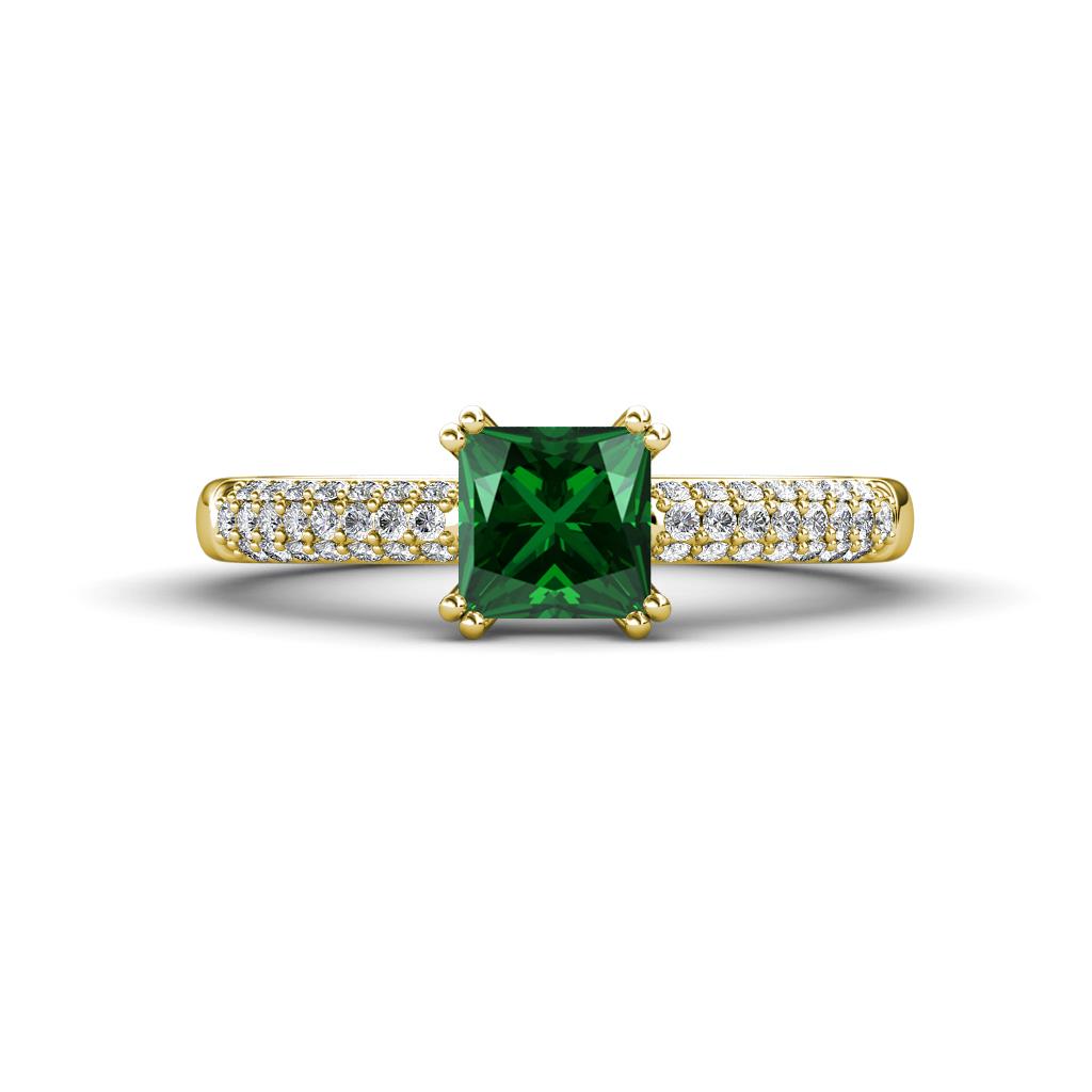 Serina Classic Princess Cut Lab Created Emerald and Round Diamond 3 Row Micro Pave Shank Engagement Ring 
