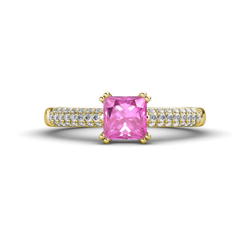 Serina Classic Princess Cut Lab Created Pink Sapphire and Round Diamond 3 Row Micro Pave Shank Engagement Ring 