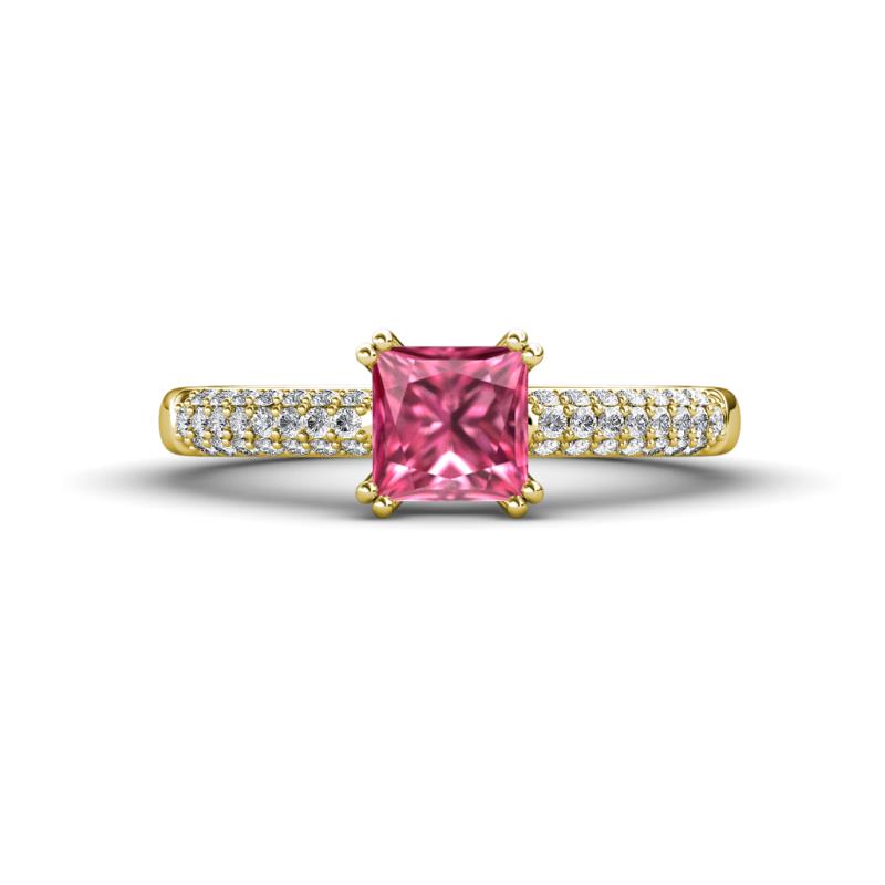 Serina Classic Princess Cut Pink Tourmaline and Round Diamond 3 Row Micro Pave Shank Engagement Ring 