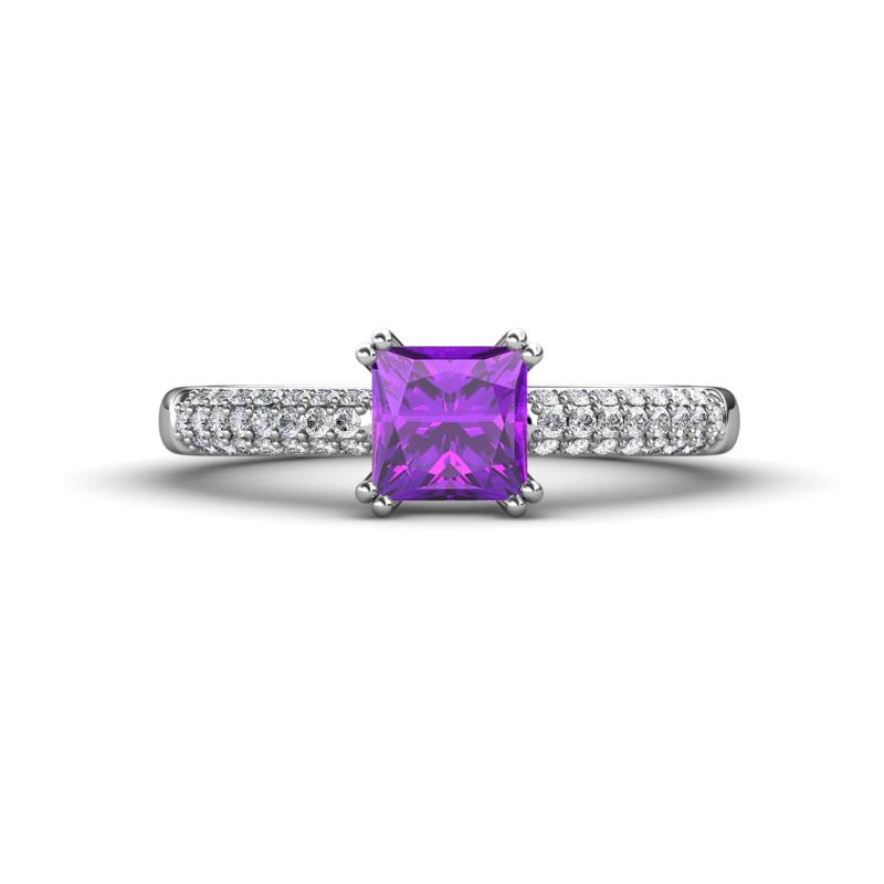 Serina Classic Princess Cut Amethyst and Round Diamond 3 Row Micro Pave Shank Engagement Ring 