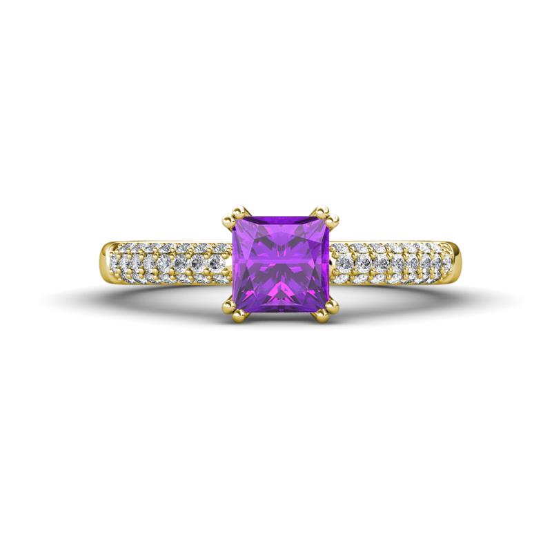 Serina Classic Princess Cut Amethyst and Round Diamond 3 Row Micro Pave Shank Engagement Ring 