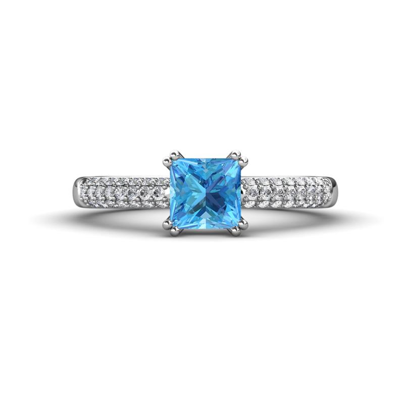 Serina Classic Princess Cut Blue Topaz and Round Diamond 3 Row Micro Pave Shank Engagement Ring 