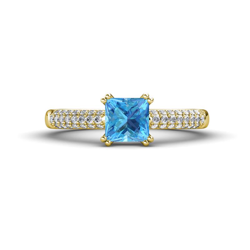 Serina Classic Princess Cut Blue Topaz and Round Diamond 3 Row Micro Pave Shank Engagement Ring 