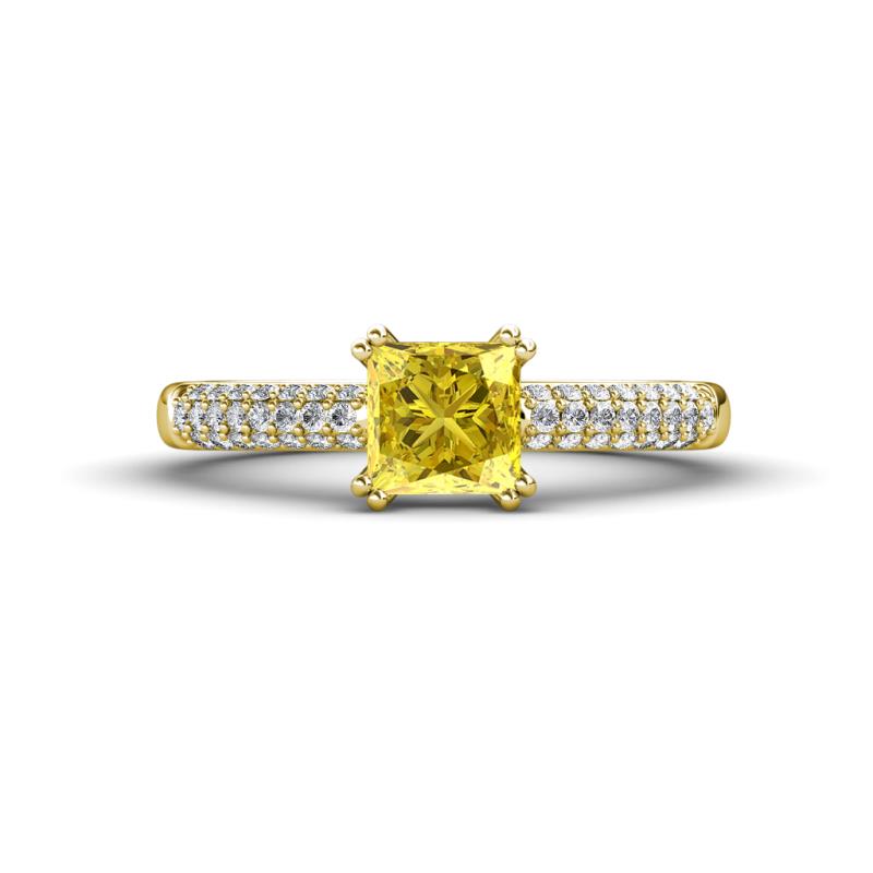 Serina Classic Princess Cut Lab Created Yellow Sapphire and Round Diamond 3 Row Micro Pave Shank Engagement Ring 