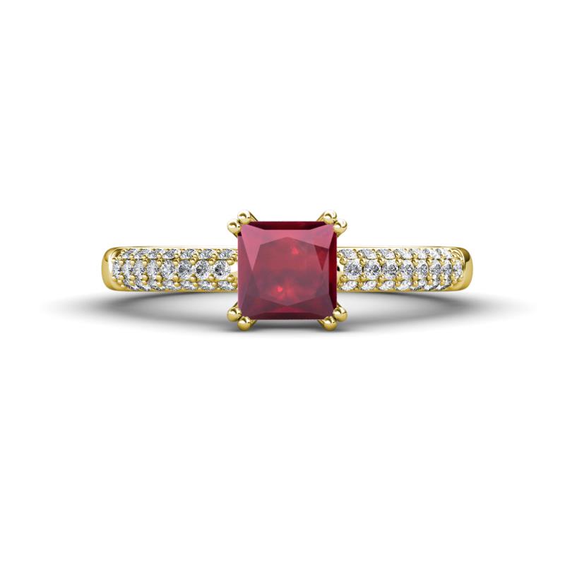 Serina Classic Princess Cut Lab Created Ruby and Round Diamond 3 Row Micro Pave Shank Engagement Ring 