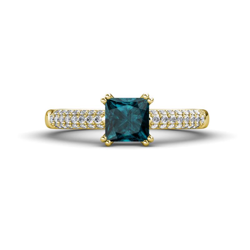 Serina Classic Princess Cut London Blue Topaz and Round Diamond 3 Row Micro Pave Shank Engagement Ring 
