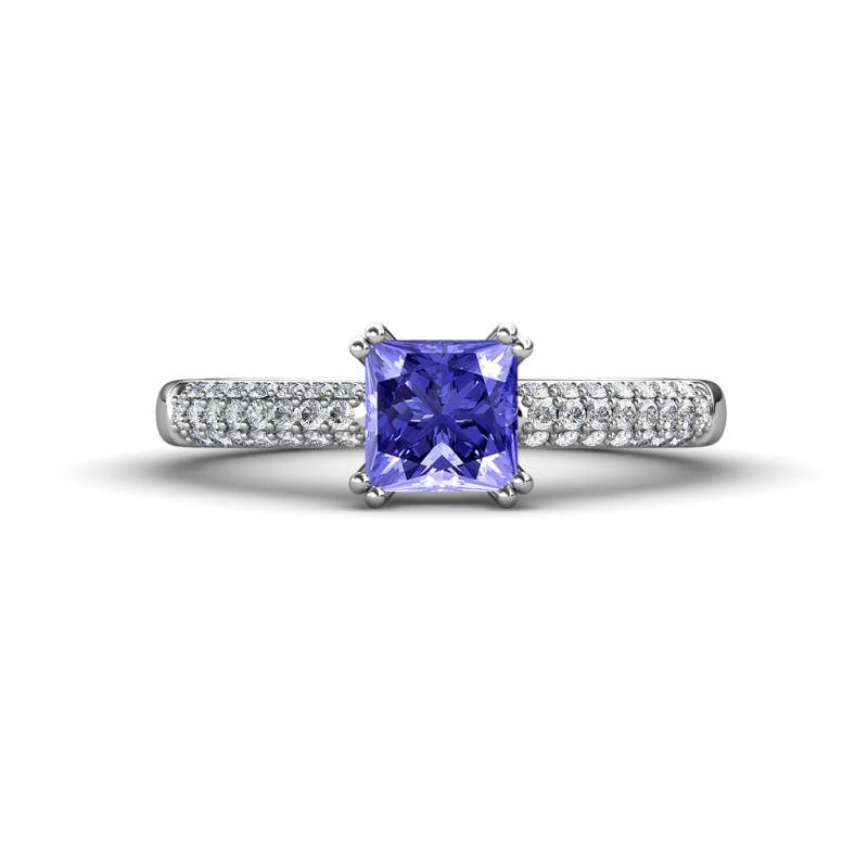 Serina Classic Princess Cut Tanzanite and Round Diamond 3 Row Micro Pave Shank Engagement Ring 