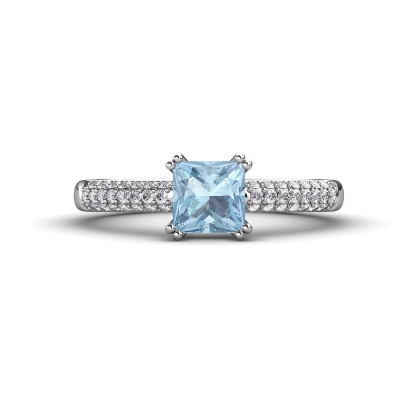 Serina Classic Princess Cut Aquamarine and Round Diamond 3 Row Micro Pave Shank Engagement Ring 