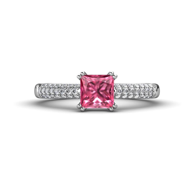 Serina Classic Princess Cut Pink Tourmaline and Round Diamond 3 Row Micro Pave Shank Engagement Ring 