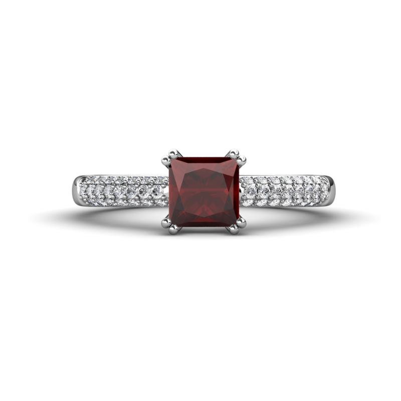 Serina Classic Princess Cut Red Garnet and Round Diamond 3 Row Micro Pave Shank Engagement Ring 