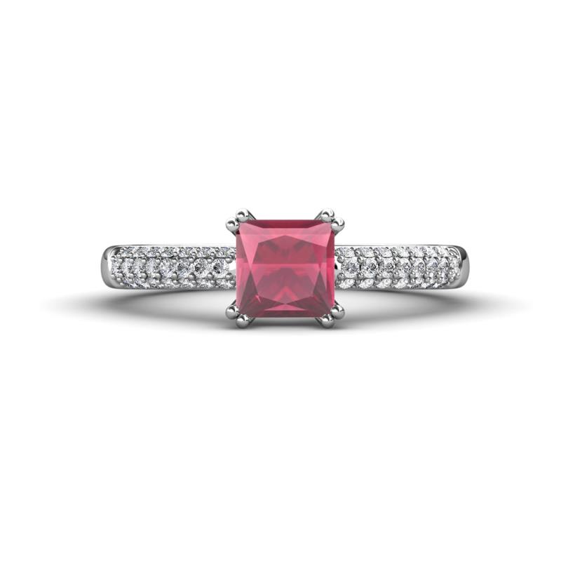 Serina Classic Princess Cut Rhodolite Garnet and Round Diamond 3 Row Micro Pave Shank Engagement Ring 