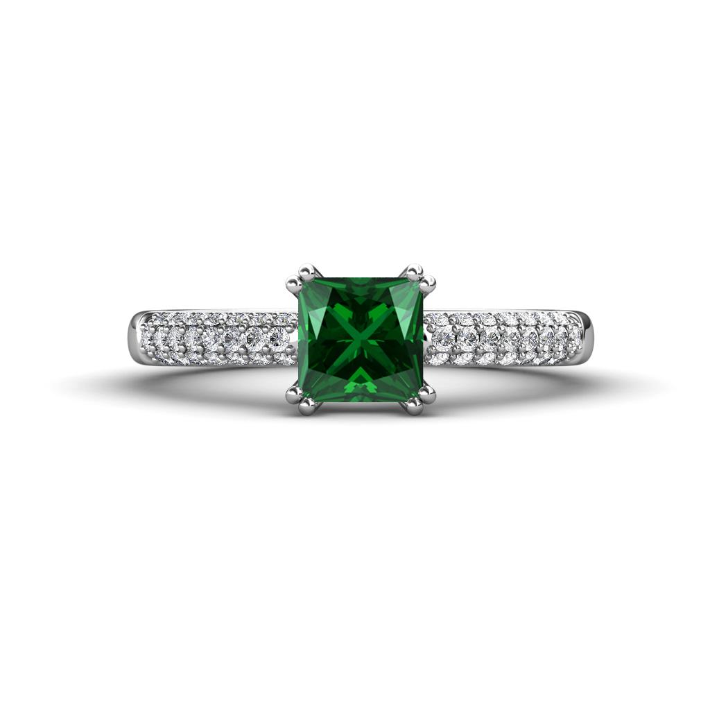 Serina Classic Princess Cut Lab Created Emerald and Round Diamond 3 Row Micro Pave Shank Engagement Ring 