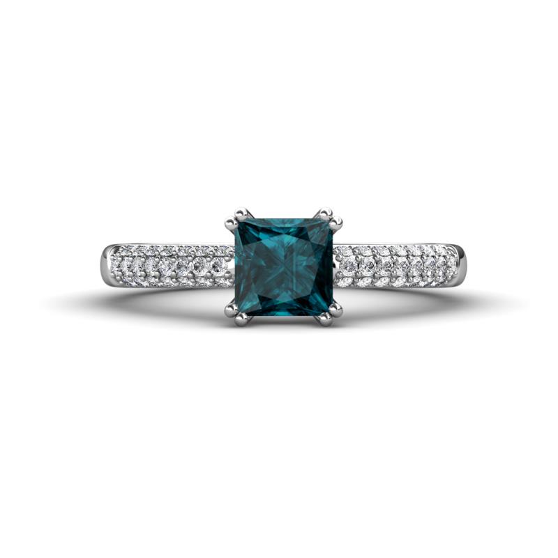 Serina Classic Princess Cut London Blue Topaz and Round Diamond 3 Row Micro Pave Shank Engagement Ring 