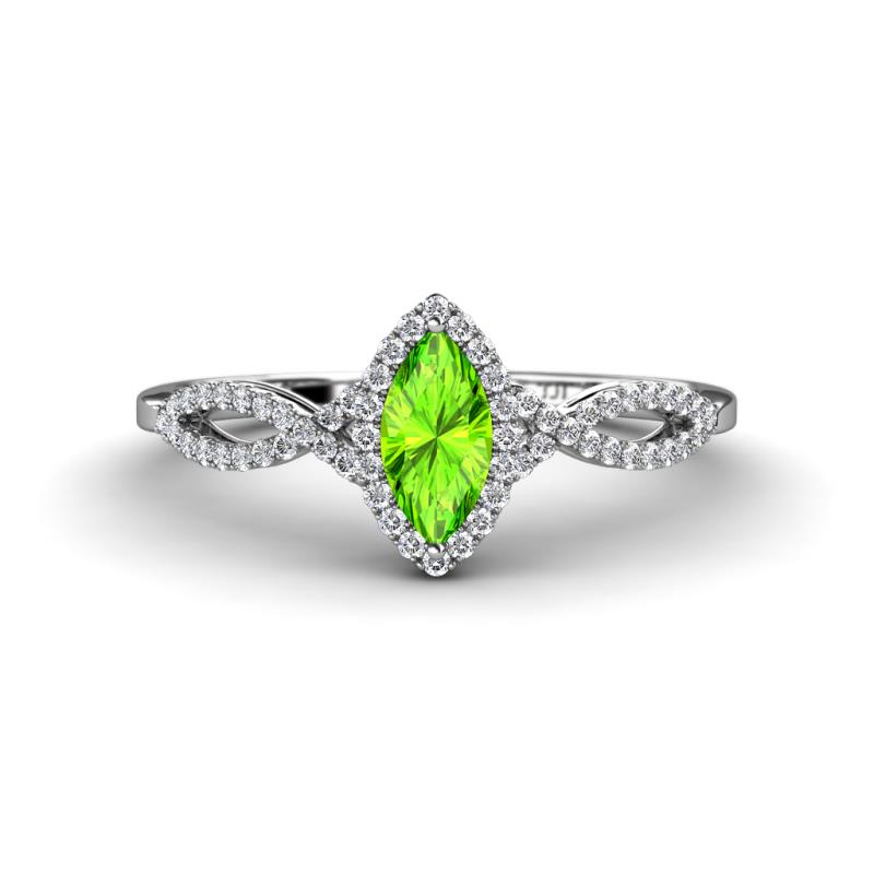Samara Rainbow Marquise Cut Peridot and Round Diamond Infinity Halo Engagement Ring 