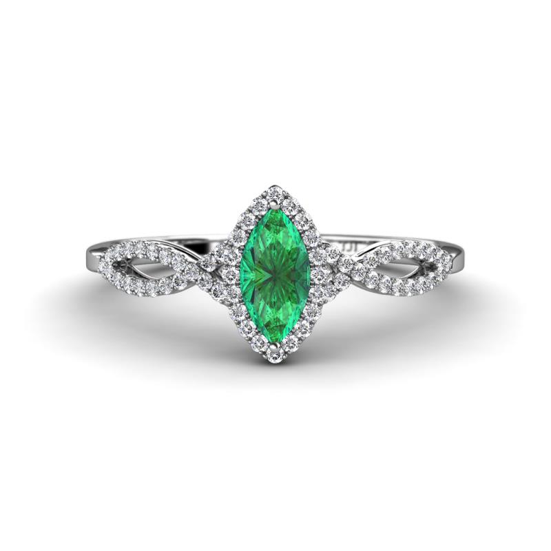 Samara Rainbow Marquise Cut Emerald and Round Diamond Infinity Halo Engagement Ring 