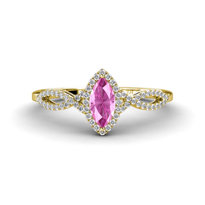 Samara Rainbow Marquise Cut Pink Sapphire and Round Diamond Infinity Halo Engagement Ring 