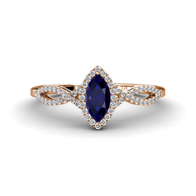Samara Rainbow Marquise Cut Blue Sapphire and Round Diamond Infinity Halo Engagement Ring 