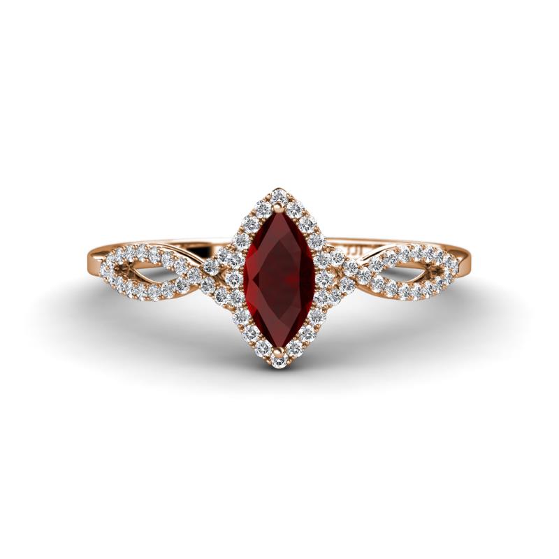 Samara Rainbow Marquise Cut Red Garnet and Round Diamond Infinity Halo Engagement Ring 