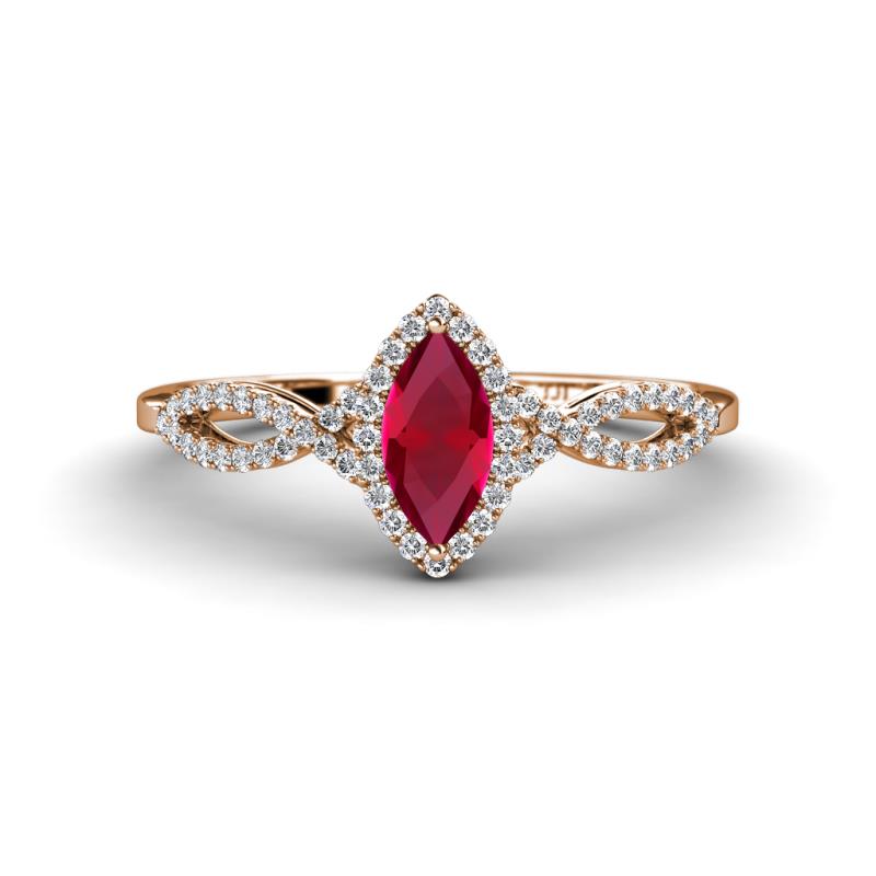 Samara Rainbow Marquise Cut Ruby and Round Diamond Infinity Halo Engagement Ring 