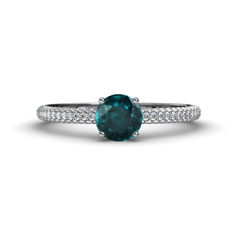 Serina Classic Round London Blue Topaz and Lab Grown Diamond 3 Row Micro Pave Shank Engagement Ring 