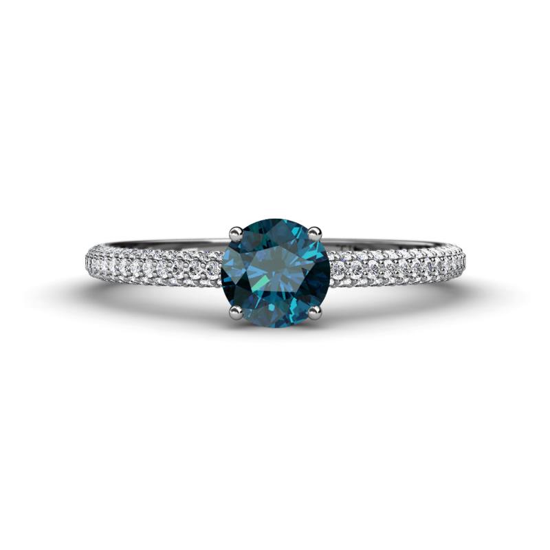 Serina Classic Round Blue Diamond and White Lab Grown Diamond 3 Row Micro Pave Shank Engagement Ring 