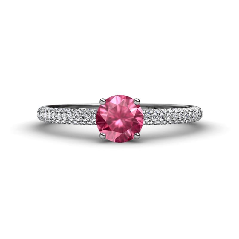 Serina Classic Round Pink Tourmaline and Lab Grown Diamond 3 Row Micro Pave Shank Engagement Ring 