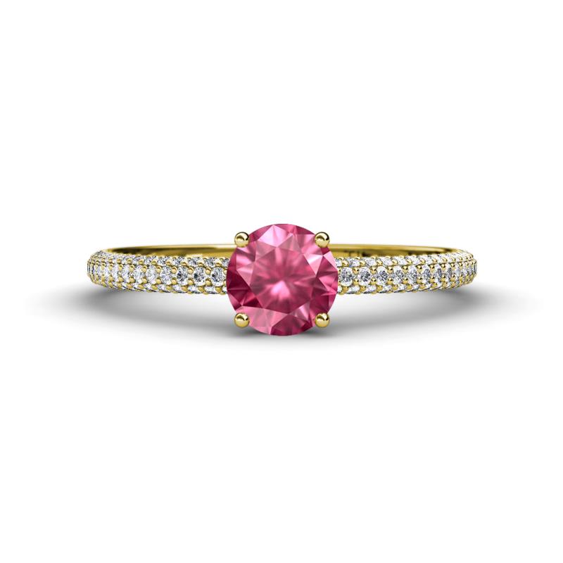 Serina Classic Round Pink Tourmaline and Lab Grown Diamond 3 Row Micro Pave Shank Engagement Ring 