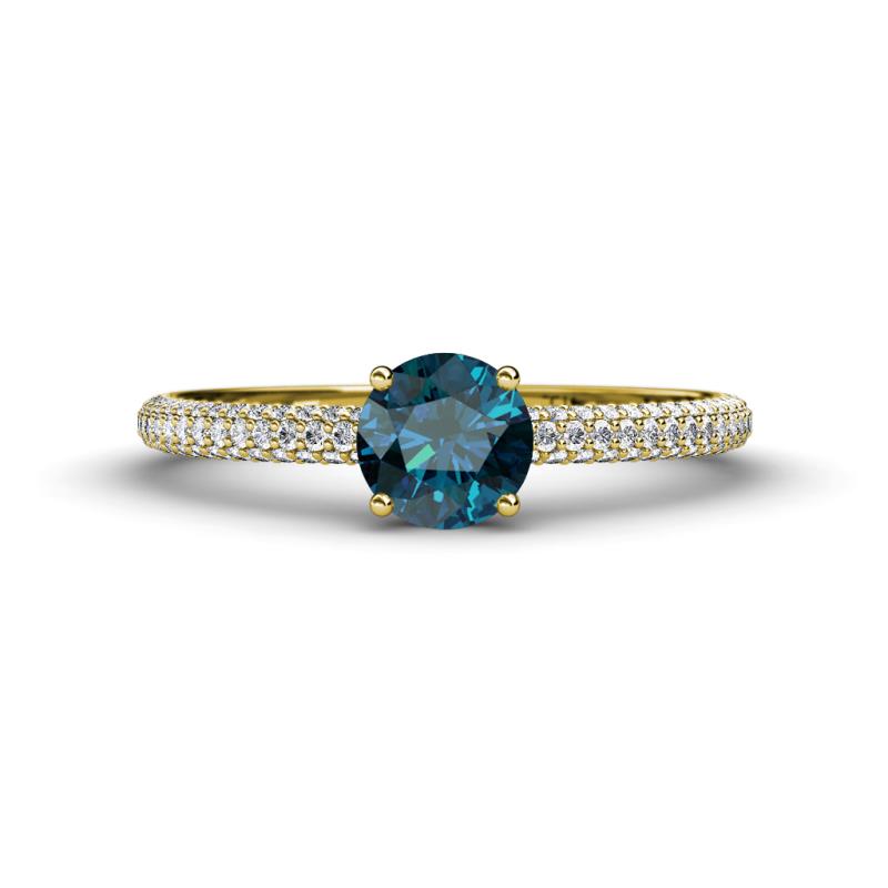 Serina Classic Round Blue Diamond and White Lab Grown Diamond 3 Row Micro Pave Shank Engagement Ring 