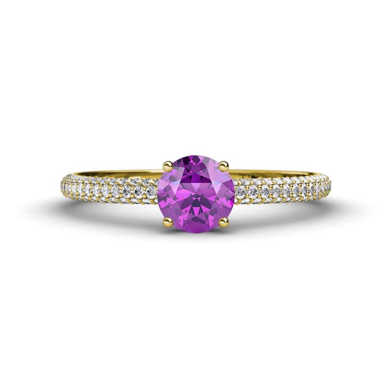 Serina Classic Round Amethyst and Lab Grown Diamond 3 Row Micro Pave Shank Engagement Ring 