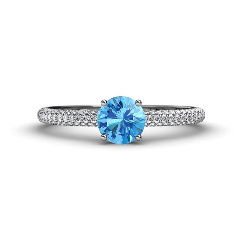 Serina Classic Round Blue Topaz and Lab Grown Diamond 3 Row Micro Pave Shank Engagement Ring 