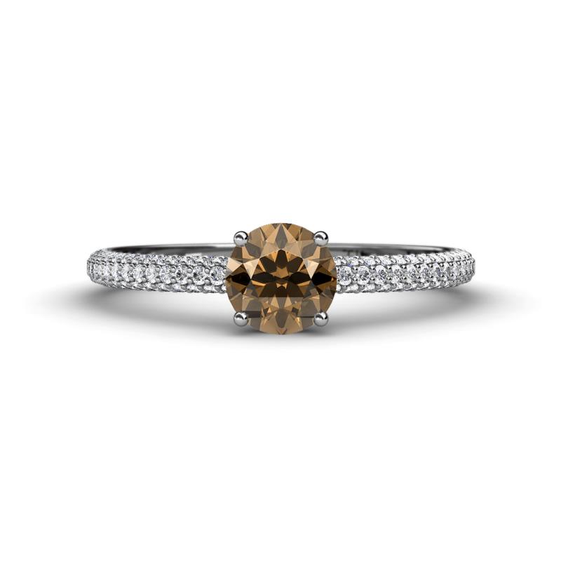 Serina Classic Round Smoky Quartz and Lab Grown Diamond 3 Row Micro Pave Shank Engagement Ring 