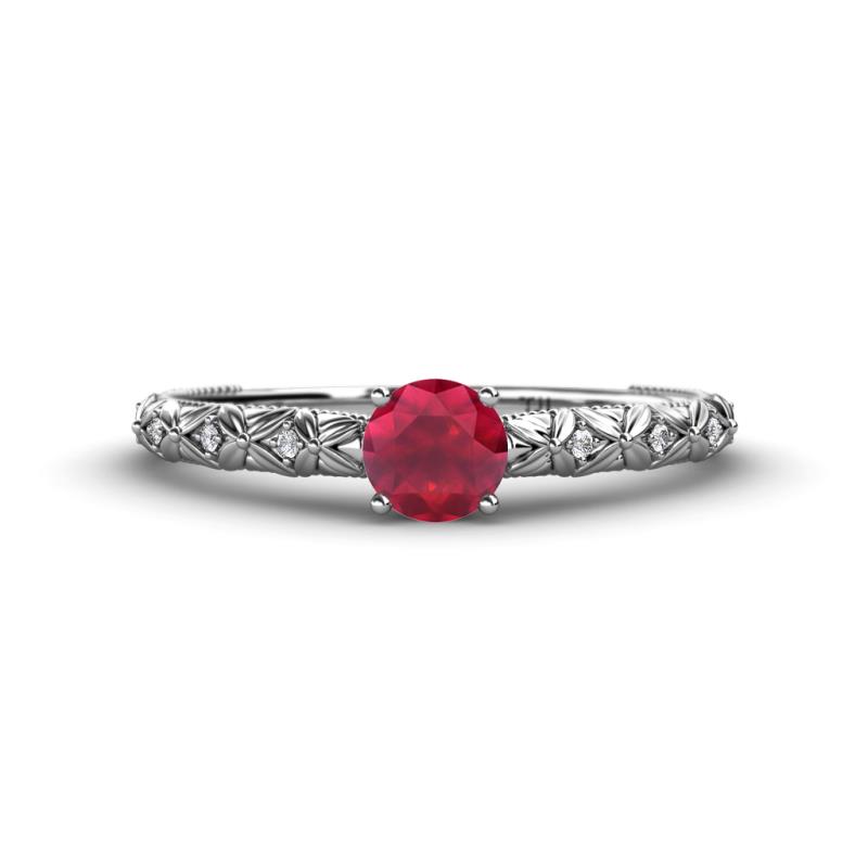 Daisy Classic Round Ruby and Lab Grown Diamond Floral Engraved Engagement Ring 