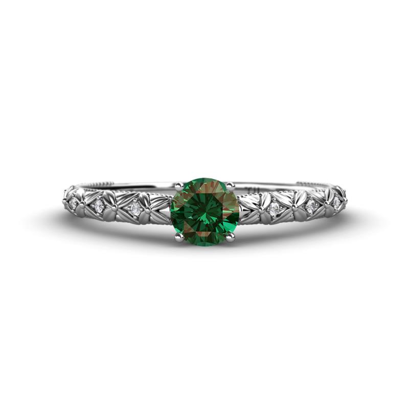 Daisy Classic Round Lab Created Alexandrite and Lab Grown Diamond Floral Engraved Engagement Ring 